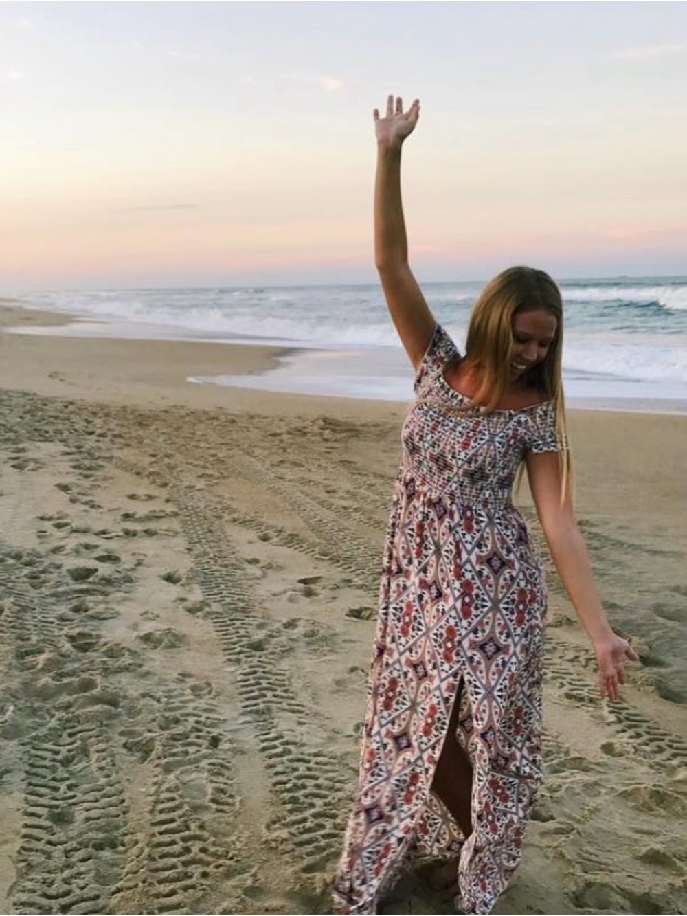 Windsor Off-Shoulder Maxi Dress in Cream, Coral, Navy, Gold Geometric Print